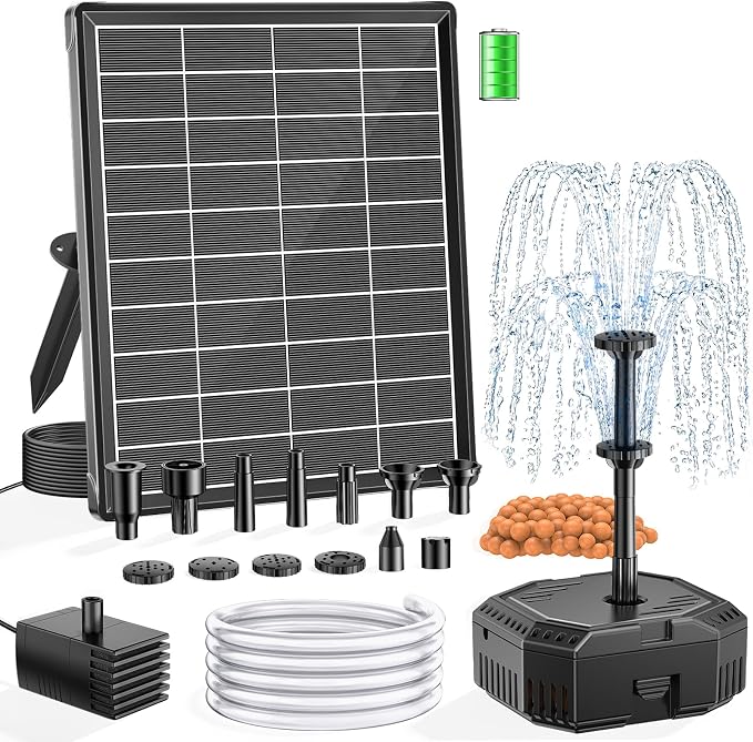 NFESOLAR 6.5W Solar Fountain Pump with 3600mAh Battery, Solar Water Fountain & Pond Filter Box kit, 3.94FT Tubing, 8 Nozzles, Dry-Run Protection Water Pump for Small Ponds, Bird Baths & Garden
