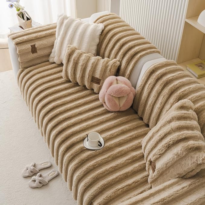 Fuzzy Rabbit Plush Sofa Cover Thick Soft Fur Sectional Couch Cover Furry Fluffy Cushion Cover Non-Slip Sofa Slipcovers Vertical Stripe Furniture Protector for Dogs Cats(Coffee,43"x82")