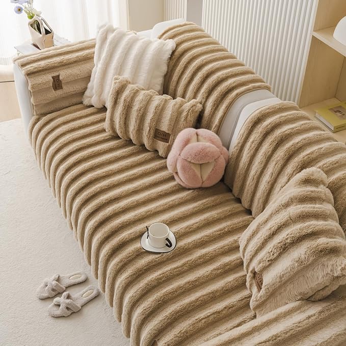 Fuzzy Rabbit Plush Sofa Cover Thick Soft Fur Sectional Couch Cover Furry Fluffy Cushion Cover Non-Slip Sofa Slipcovers Vertical Stripe Furniture Protector for Dogs Cats(Coffee,28"x70")