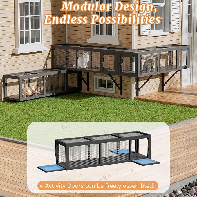 Outdoor Cat Tunnel with Extendable Design, Catio Enclosure Window Box Connecting Inside and Outside，Expandable Space and Channels, Paradise for Sunbathing and Running (Grey, 2-Pack)
