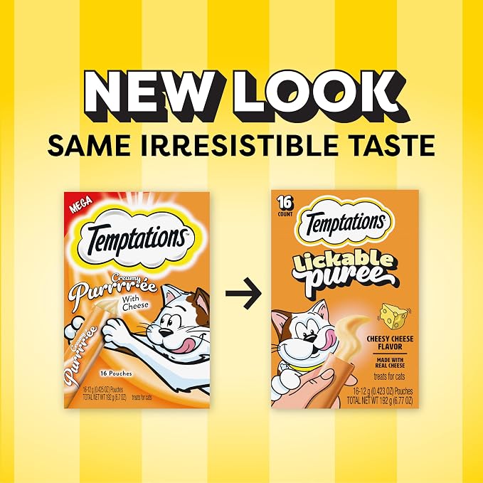 Temptations Creamy Puree Squeezable Lickable Cat Treats, Wet Cat Treats with Cheese, 0.42 oz. Tubes, 16 Count