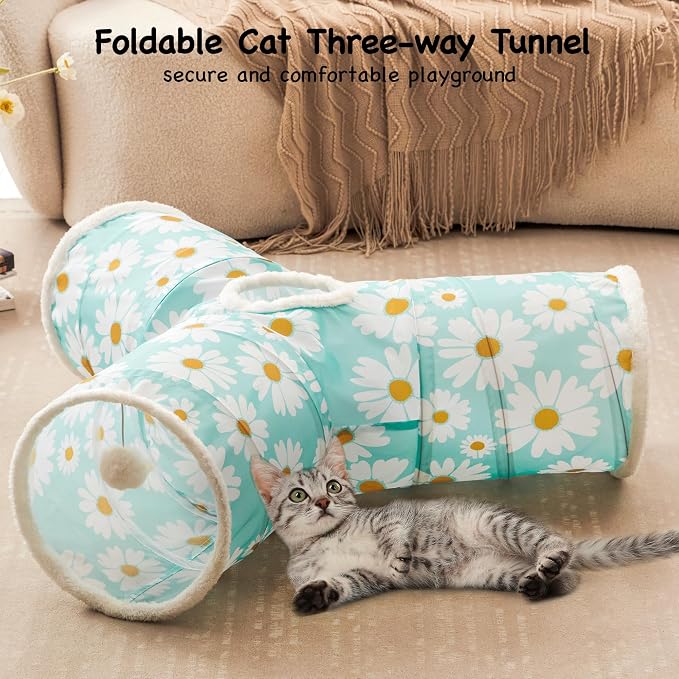 Tempcore Cat Tunnel for Indoor Cats, 3 Way Collapsible Pet Play Tunnel with Teaser Wand, Peek Holes & Hanging Ball, Interactive Tube for Kittens & Rabbits, Daisy Blue Printed