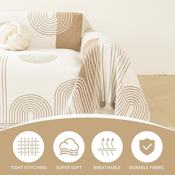 VANJOROY Boho Couch Cover for 2 3 Cushion, Sofa Slipcovers Sectional Sofa L-Shape Washable 100% Organic Chenille Couch Cover for Dogs Pets, Sofa Cover Protector Soft with Tassel,71"x 118" Khaki