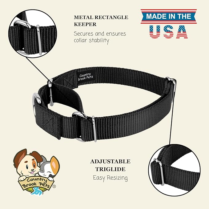 Country Brook Petz - Martingale Dog Collar - Heavy-Duty Training Collar with No Buckle - Service Dog Collar for All Pups - 20 Vibrant Colors (Black, 5/8 Inch, Extra Small)
