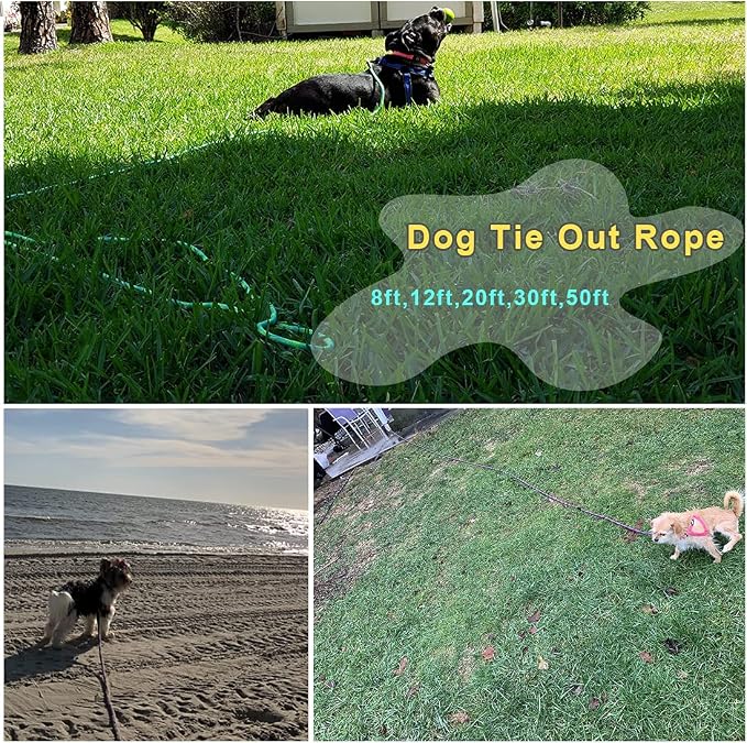 BTINESFUL 8ft 12ft 20ft 30ft 50ft 75ft Dog Tie Out Long Tether Rope Leash, Outdoor Yard Leash, Large Medium Dogs Training, Playing, Camping, Backyard Dog Lead (30 Foot, Pink Black)