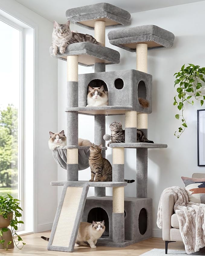 Globlazer Heavy Duty Cat Tree, 73inch Sturdy Cat Tower with Scratching Post for Indoor Multiple Cats, Maine Coon Cat Tree with Cat Perch, Basket, Cat Condo for Adult Cats Kittens, F73C, Light Grey