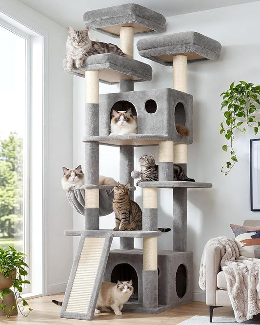 Globlazer Heavy Duty Cat Tree, 73inch Sturdy Cat Tower with Scratching Post for Indoor Multiple Cats, Maine Coon Cat Tree with Cat Perch, Basket, Cat Condo for Adult Cats Kittens, F73C, Light Grey