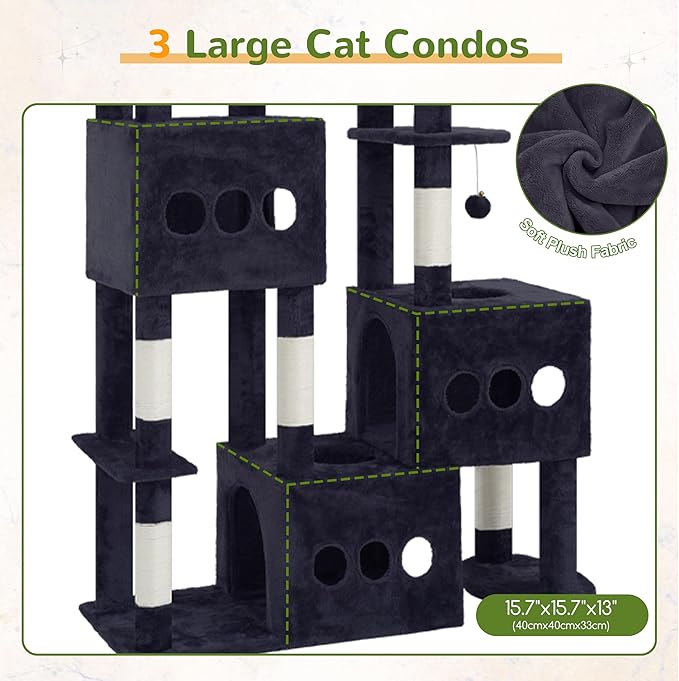 Gitelsnour Sturdy Cat Tree with 3 Large Cat Condos, 3 Platfroms, 71.7'' Cat Tree Tower for Indoor Cats Large Adult, Heavy Duty Cat Tower with 10 Scratching Posts for 20 lbs+Cats, Drak Gray GCT036G