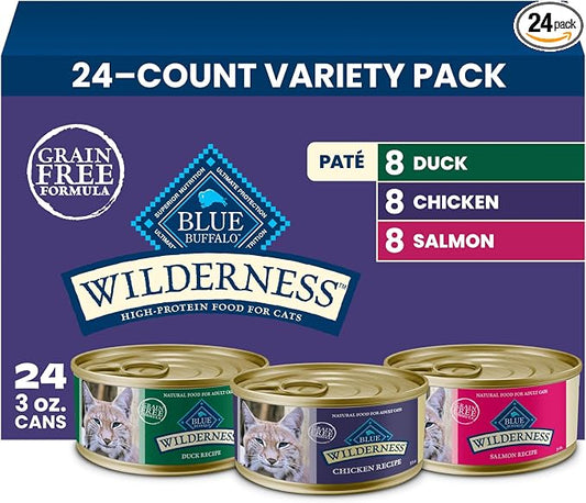 Blue Buffalo Wilderness Paté Variety Pack (Chicken, Salmon, and Duck) Adult Wet Cat Food, High-Protein & Grain-Free Recipes Enhanced with Vitamins, Minerals, and Other Nutrients, 3-oz. Each (24 Count)