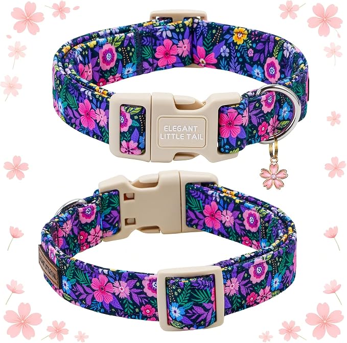 Elegant little tail Dog Collar, Pink Floral Pet Dog Collars Female Cotton Puppy Cute Summer Holiday Adjustable Pet Collar with Sturdy Quick Release Buckle for Small Medium Large Dogs