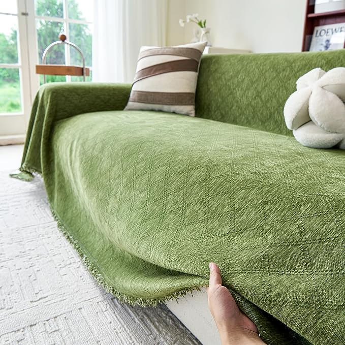 VANJOROY Green Couch Cover Chenille for 2 Cushion L-Shape Loveseat, Washable Sofa Couch Cover Protector Soft Sofa Slipcovers for Pets Dog with Tassel,71"x 102"