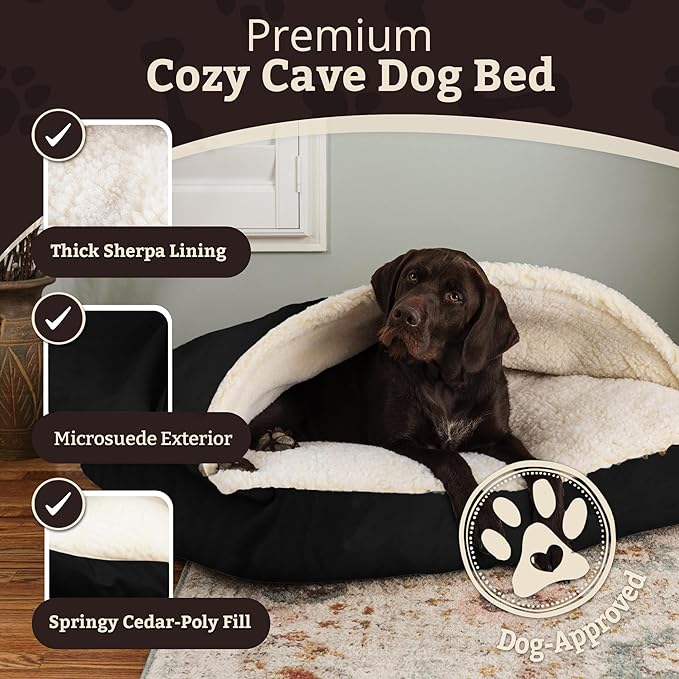 Snoozer Rectangle Cozy Cave Dog Bed - Indoor Dog Bed with Cover Cave, Covered Calming Burrow for Medium & Large Sized Pets with Blanket Attached, Enclosed, Washable Cover - Large, Black