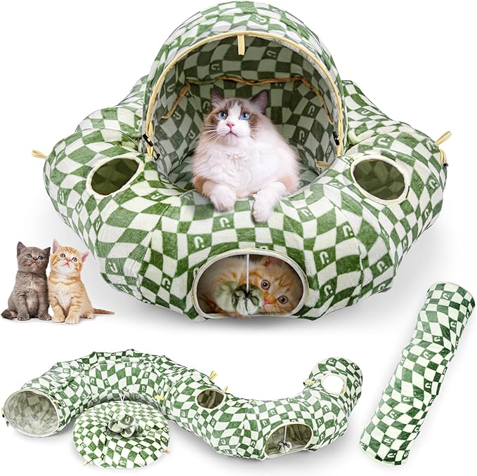 Cat Bed and Tunnel Toy - Cat Donut with Straight Tunnel, Washable Cushion, 4 Hanging Balls, 6 Peek Holes, Collapsible, Green