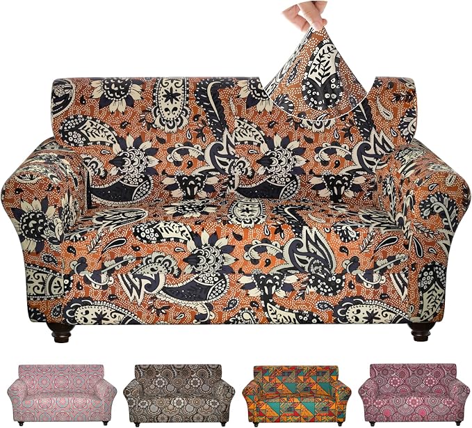Stretch Couch Covers for 2 Separate Cushion Couch Sofa - Floral Printed Couch Sofa Cover ,Washable Sofa Slipcover,Pet Friendly Furniture Protector with Elastic Bottom,Universal Fit for Home(Loveseat)
