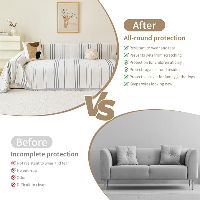 VANJOROY Couch Sofa Cover for 2 3 Cushion Sectional Sofa L-Shape -Washable 100% Organic Chenille Couch Cover for Dogs Pets, Boho Couch Cover Protector Soft Sofa Slipcovers with Tassel,71"x 134"