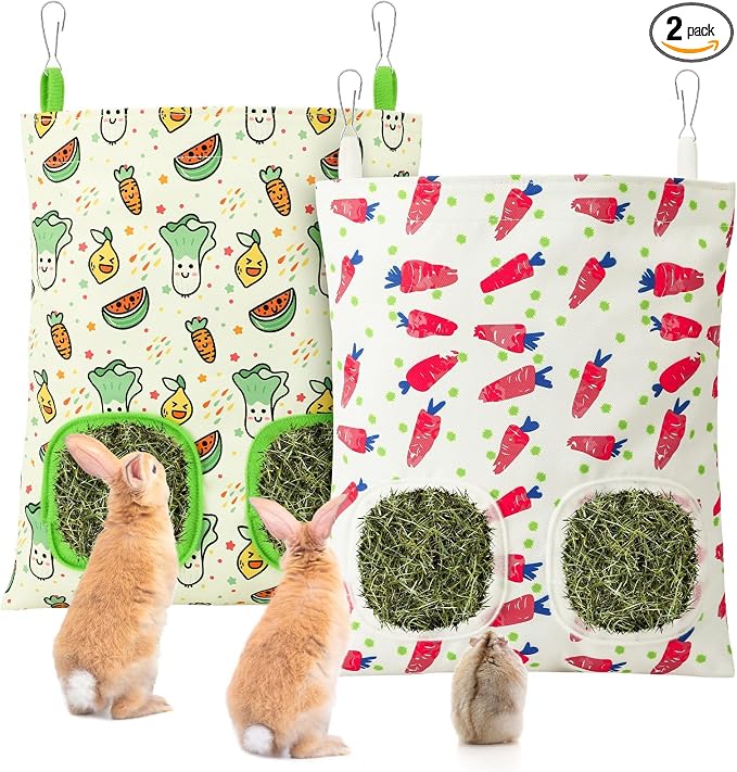 UPINS 2 Pack Guinea Pig Hay Feeder,Rabbit Hay Bag Hanging Hay Holder for Guinea Pig Cage Hay Feeder for Bunny Rabbits Chinchillas Hamsters Small Pets and Animals