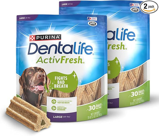DentaLife ActivFresh Pack of 2 Dog Chews for Large Dogs 40 lbs. and Up, Dental Chews to Freshen Breath, Chicken Flavor, 35 oz. Each, 30 Chews Each/60 Total Chews - 30 ct. Pouch
