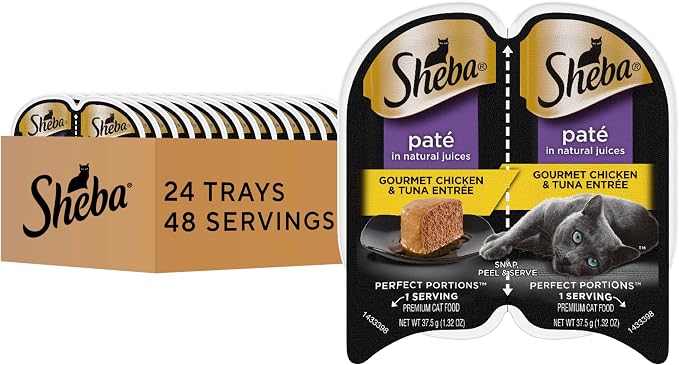 Sheba Perfect Portions Wet Cat Food Pate Gourmet Chicken & Tuna Entree, 2.6 oz. Twin-Pack Trays, Cat Food Wet Recipe (24 Count, 48 Servings)