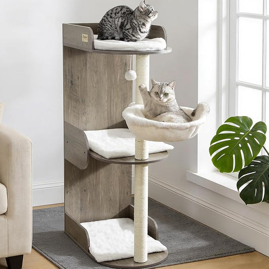 Modern Wood Cat Tree Tower for Indoor Large Cats, Cat Scratching Posts with Big Perch Bed, 44.8" Tall Multi-Level Wooden Cat Condo with Hammock, Removable Pads, Kitty Furniture, Greigy