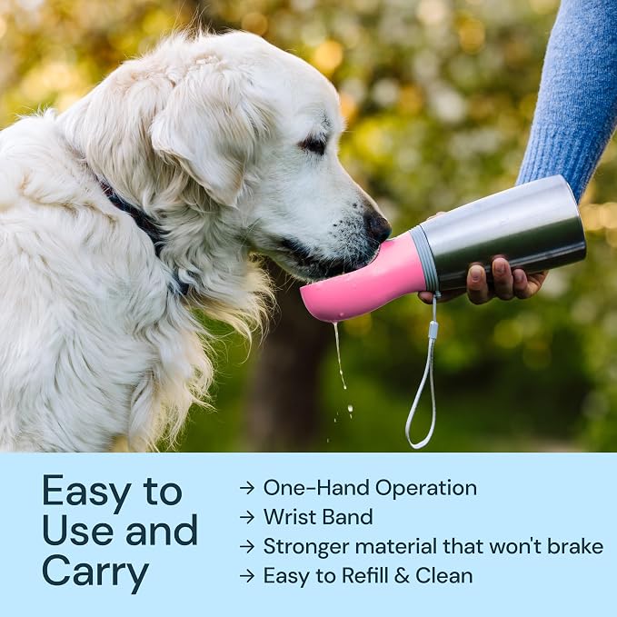 MalsiPree Insulated Dog Water Bottle - 24 Oz, Pink - Leak-Proof Stainless Steel Portable Travel Dispenser & Bowl for Trail Hiking, Park Visit, Camping & Beach Days
