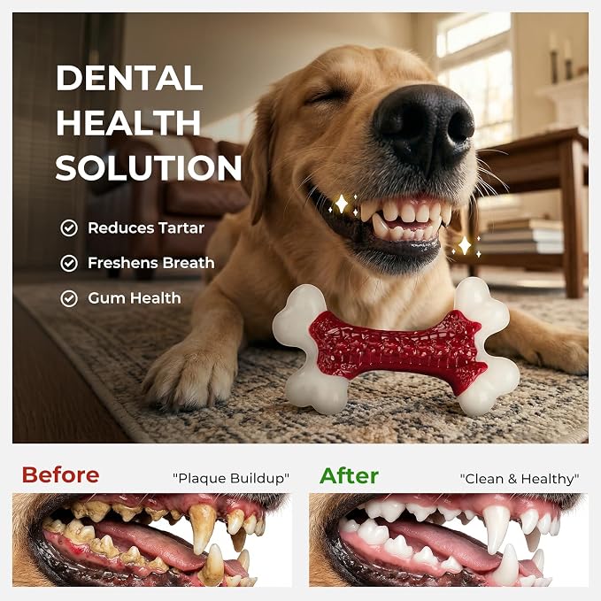 Kseroo Indestructible Dog Toys for Aggressive Chewers: Beef Flavored Hard Nylon Bone Chew Toys for Medium Large Breed Dogs (20-90 lbs), Red