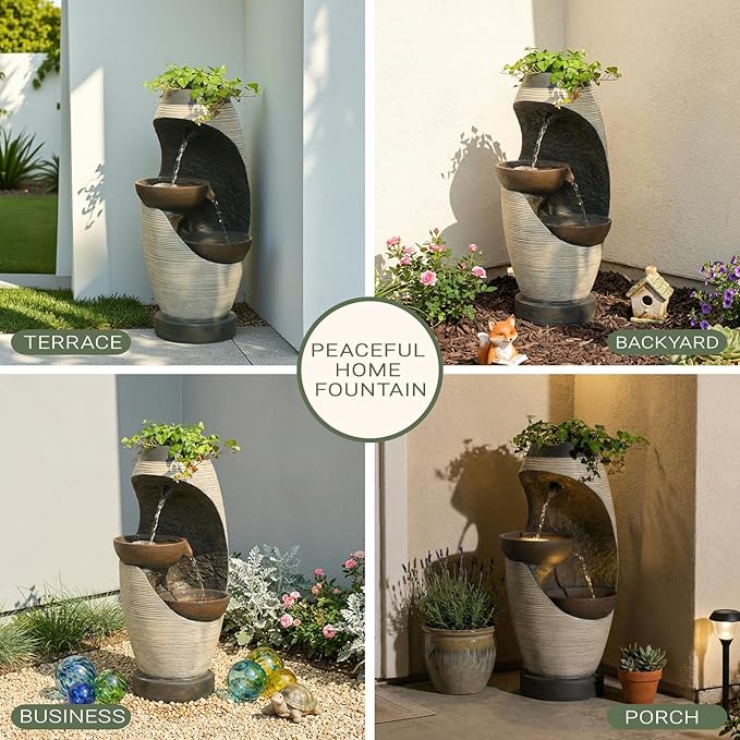 Bumilgar 2-Tier Bowl Water Fountain with LED Lights, 27.95" Tall Freestanding Outdoor & Indoor Garden Waterfall Fountain for Yard, Patio, Backyard, Floor Standing Home Decor