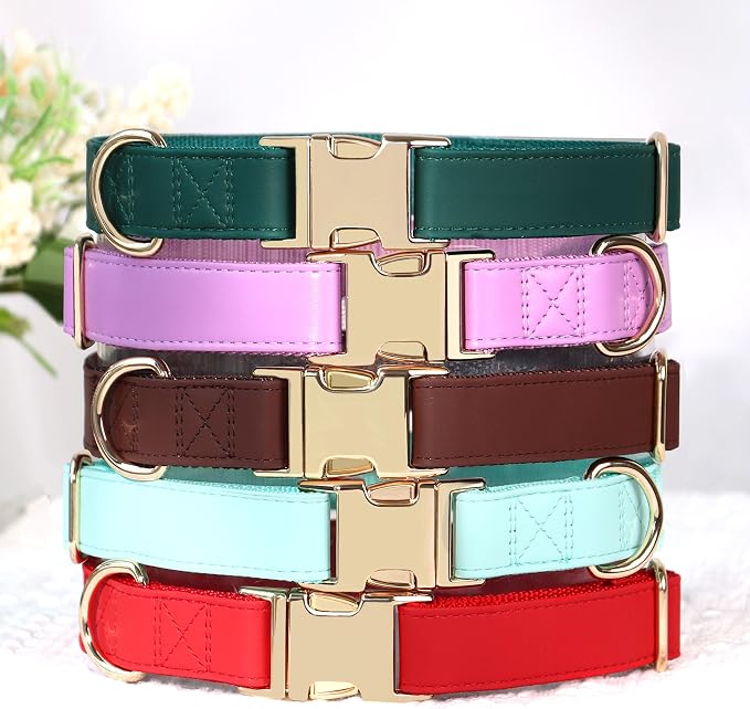 PET ARTIST PU Leather Dog Collar, Bright & Stylish Purple Dog Collar Girl with Quick Release Gold Metal Buckle, Soft Nylon Padded Durable Pet Collars Adjustable for Large Dogs, Neck Fit 16-27"