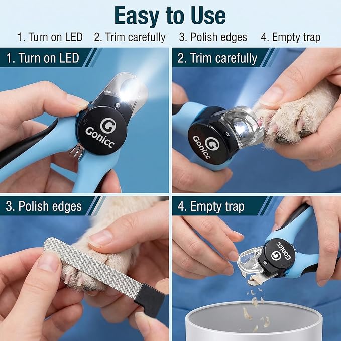 gonicc LED Pet Nail Clippers for Dogs & Cats, Light-Up Dog Nail Trimmer with Safety Lock & Built‑in File, Professional Stainless Steel Nail Clippers for Pets