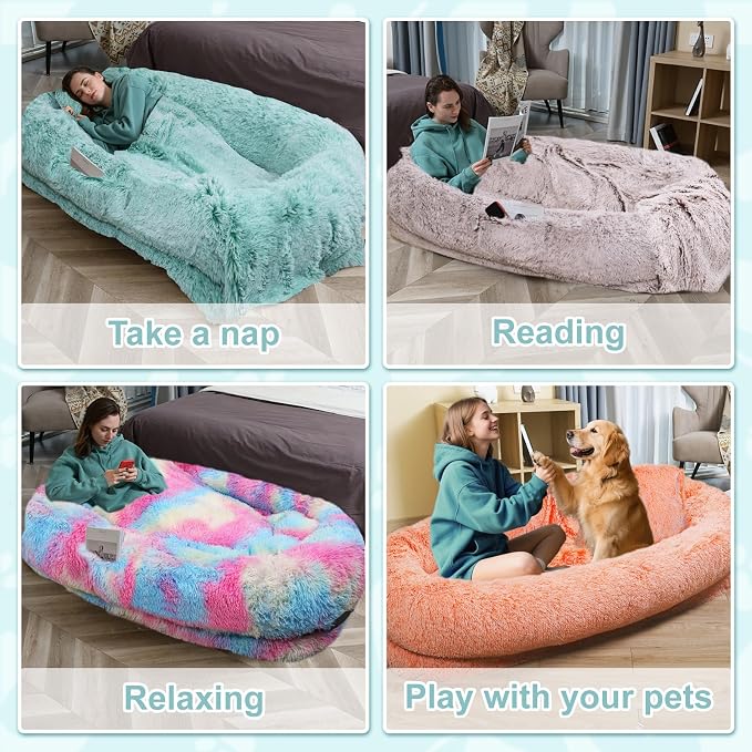 YAEM Human Dog Bed for Adult and Pets - 71"x45"x12" Dogs Beds for Humans with Washable Faux Fur Cover, Plump Pillow, Blanket, Orthopedic Design, Strap-RustWhite