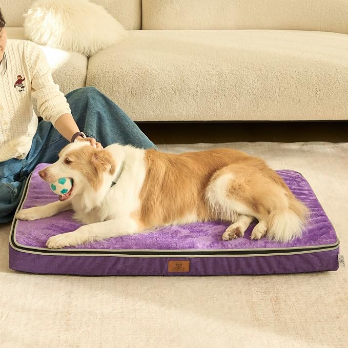 LIORCE Memory Foam XL Dog Bed - 4” Thick Orthopedic Beds for Extra Large Dogs - Waterproof Dog Bed with Removable Washable Cover & Wrap-Around Zipper - Ultimate Comfort and Easy Maintenance, Purple