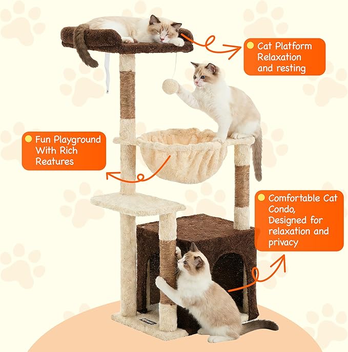 Cat Tree for Indoor Cats, 39.8-inch Cat Tower with 2 Plush Perches for Play & Rest, 1 Cozy Hideaway, Dangling Toy & Full Sisal Scratching Posts for Small Cats, Brown