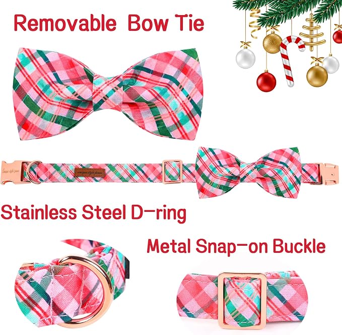 Unique style paws Dog Collar with Bow Pink & Green Plaid Dog Collar Best Gifts for Small Medium Large Dogs -M