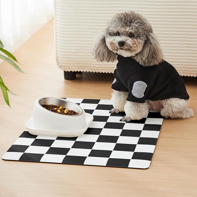 Checkered Dog Feeding Mat, Absorbent Mats for Dog Food and Water Bowl, Dispenser, Feeder, Retro Aesthetic Black Checkerboard Pet Placemat for Dogs, Cats, Puppy Accessories, 16" X 24”
