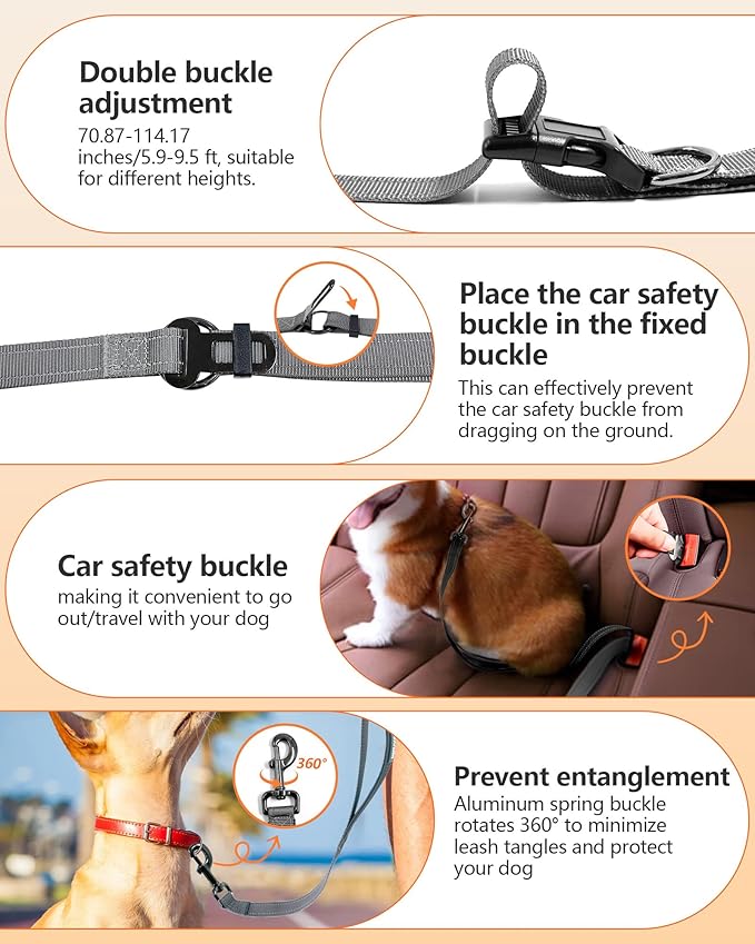 Hands Free Dog Leash & Car Seatbelt, 5.9-9.5ft Crossbody Dog Belt with Dual Soft Handles, Shock-Absorbing, 360° Clip, Reflective Design for Walking, Running, Hiking, Travel. (Grey)
