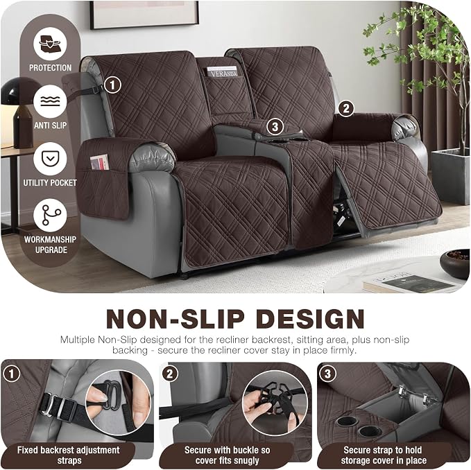 TAOCOCO Loveseat Recliner Cover with Center Console, 100% Waterproof Pet Cover for Dual Recliner with Straps Design, Split Reclining Loveseat Covers Furniture Pet&Kids Protector (2 Seater, Chocolate)