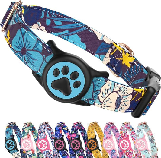 Airtag Dog Collar,with Waterproof airtag Holder，Original Stylish Cute Pattern Design.QR Code ID Buckle，Comfortable Soft Cotton for Small Medium Large Dogs