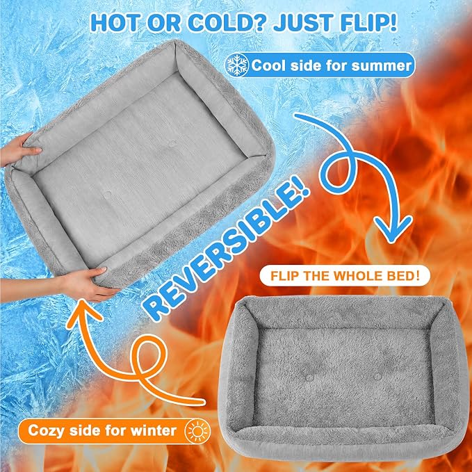 Cooling Dog Bed for Small Medium Dogs - Reversible Design (Ice‑Silk Cooling Layer | Sherpa Fleece Layer), Washable Cooling Mat for Dogs, Cats, Crates 24" × 15"