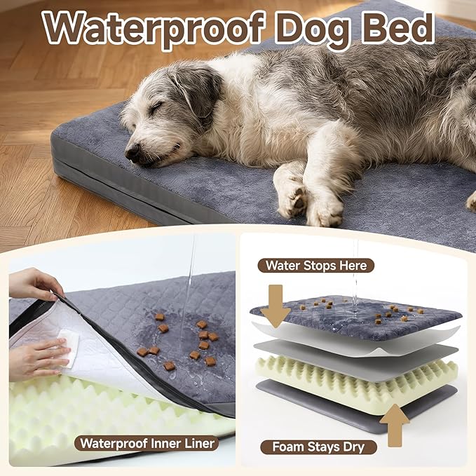 Waterproof Dog Bed, XL Outdoor Dog Bed for Stretching Out, Reversible Kennel Beds for Large Dogs, Waterproof, Wipeable, Anti-Slip, Washable, 44" x 32", Dark Grey