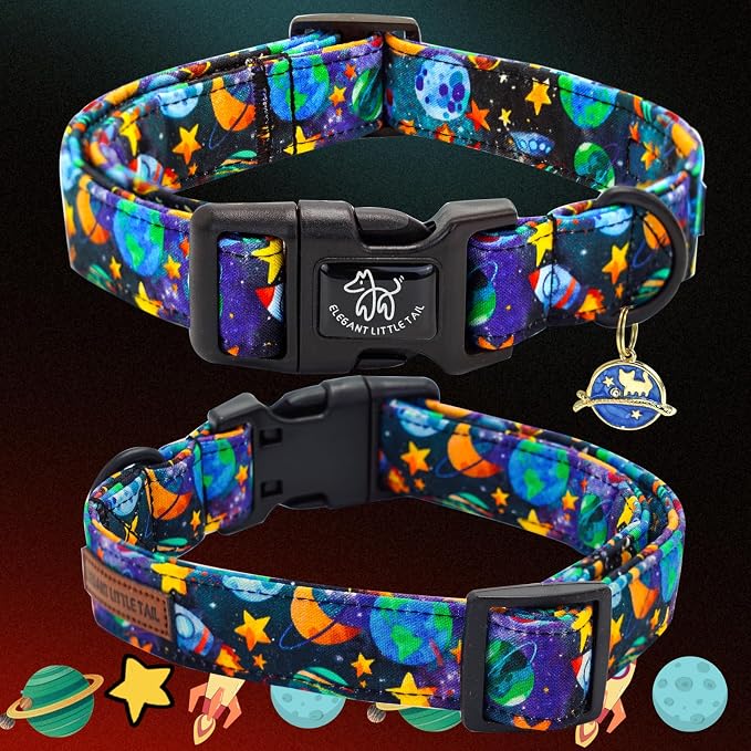 Elegant little tail Dog Collar-Cute Pet Dog Collar Blue Star Rocket Print Cotton Soft Girl Puppy Adjustable Pet Collars for Small Medium Large Dogs