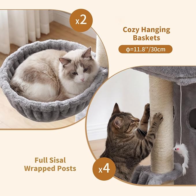 Heybly Cat Tree with Reinforced Big Base, 41.3-Inch Sturdy Cat Tower for Indoor Cats Featuring 2 Roomy Platforms, Double Cat Condo, 2 Cozy Baskets, Full Sisal Scratching Posts, Light Gray HCT075W