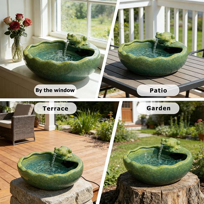 Ceramic Solar Water Fountain with Battery Backup, Solar Powered Water Fountain，Outdoor Water Feature Bird Bath for Garden, Patio & Yard Decor,Working at Night for at Least 6 Hours (Frog).