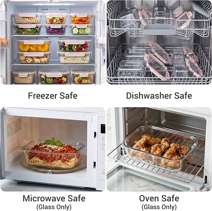 Dealusy 10 Sets (20-Piece) 4.5 Cup & 1.5 Cup Glass Food Storage Containers with lids, Airtight Leak-proof Glass Meal Prep Containers with Lids, Microwave Oven Freezer Dishwasher Safe, Pink