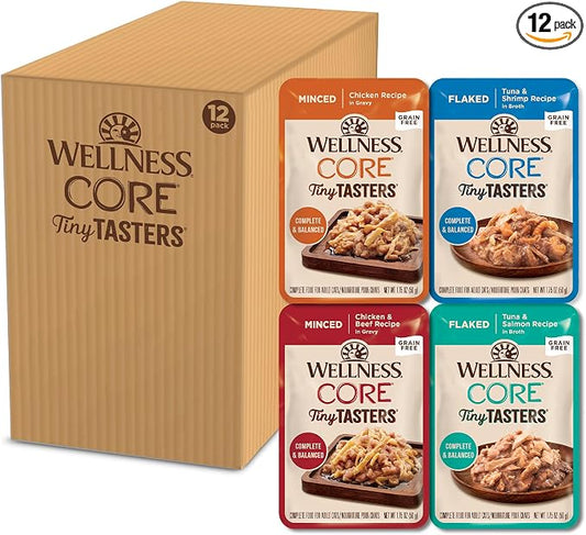 Wellness CORE Tiny Tasters All Forms Variety Pack Adult Wet Cat Food, Natural, Protein Rich, Grain Free, Poultry and Seafood Recipes, 1.75 oz, Pack of 12 Pouches