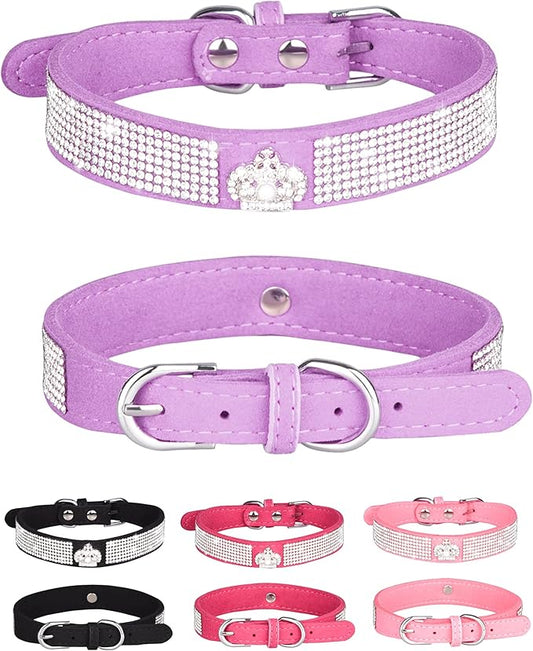 Dog Collar for Small Dogs, Adjustable Leather Suede Bling Dog Collars，Pink Dog Collar Cat Collar, Rhinestone Dog Collar (M, purple3)