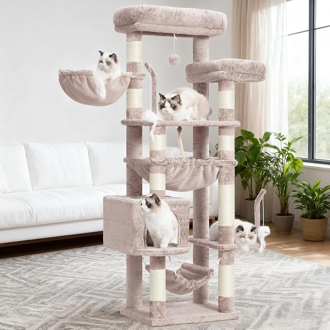 Gitelsnour Cat Tree, Cat Tower for Large Cats with 2 Big Platforms, 2 Baskets, condo and Toys, 63" Cat Scratching Posts for Indoor Cats, Muchroom GCT020MU