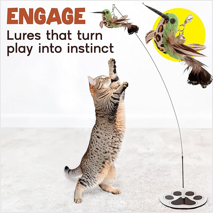 Interactive Cat Toys for Indoor Cats - 5 Replacement Feathers with Bells - Teaser Wand Toy - Self Play Bird Simulation - Bored Adult Feline Hunting Solo Chaser Activity - Kitten Juguetes para Gatos