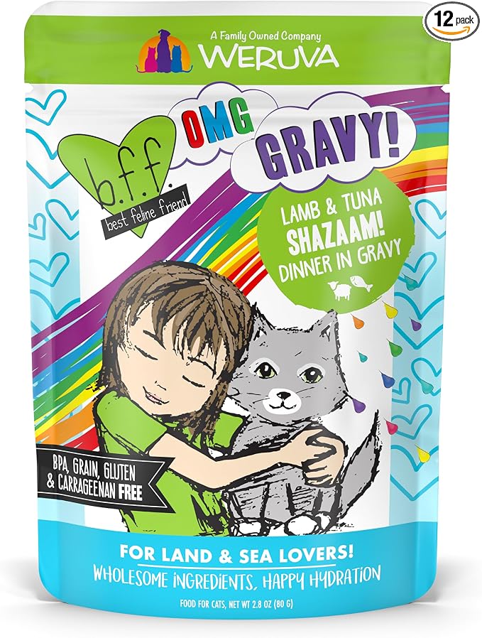 Weruva B.F.F. OMG - Best Feline Friend Oh My Gravy!, Shazaam! with Lamb & Tuna in Gravy Cat Food, 2.8oz Pouch (Pack of 12)