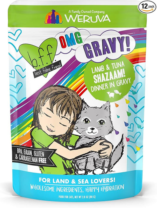 Weruva B.F.F. OMG - Best Feline Friend Oh My Gravy!, Shazaam! with Lamb & Tuna in Gravy Cat Food, 2.8oz Pouch (Pack of 12)