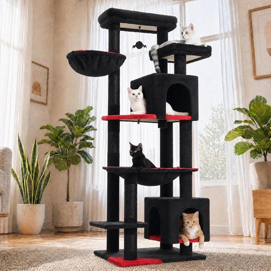 69” Gothic Cat Tree for Indoor Cats Large Adult, Multi-Level Cat Tower with Scratching Post, Dual Top Perches, Big Hammock, 2 Condos & Bat Toy Ball, Cat Furniture for Multi-Cat Households, Black