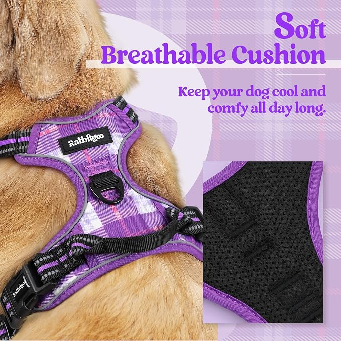 rabbitgoo Dog Harness No Pull with 2 Leash Clips, Adjustable Soft Padded, Reflective Oxford No Choke Pet Vest with Easy Control Handle for Medium Sized Dogs, Purple Plaid, M